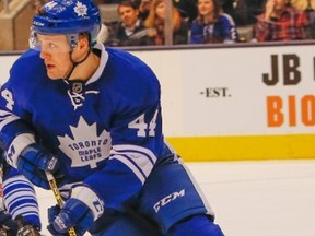 Morgan Rielly (above) and two of his fellow young Maple Leafs defencemen were guilty of mistakes on Feb. 21, 2015, during Toronto’s overtime win over the Winnipeg Jets. (DAVE THOMAS/Toronto Sun)