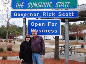We’ve arrived. Barb and Jim Fox at the Florida Welcome Center along Interstate 75.
