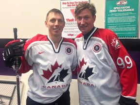 Ontario PC leadership candidate Patrick Brown, left, and hockey legend Wayne Gretzky. (Supplied photo)