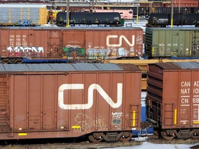 Railcars stand idle at the Canadian National (CN) railyards in Edmonton Feb. 22, 2015.  REUTERS/Dan Riedlhuber