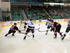 Don Carr For The Intelligencer
The Belleville Bulls defeated Saginaw Spirit in Belleville Saturday night. The home game was the first Pink In The Rink for Belleville with more than $61,000 raised for the Belleville General Hospital Foundation.