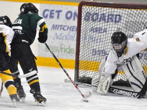 Kody Eisler, goalie with the Mitchell Atoms, slides across the crease to stop this Mount Forest opponent from scoring during Game 4 of their OMHA ‘CC’ series last Friday. The Meteors dropped a 3-2 decision, eliminating them from the series. ANDY BADER/MITCHELL ADVOCATE