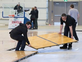 The Western Fair District?s Agriplex will play host to the Thames Valley boys basketball championships Tuesday and Wednesday. The court, baskets and shot clocks are supplied by Budweiser Gardens. OES Scoreboards will provide video replay boards and scoreboards. (CRAIG GLOVER/The London Free Press)