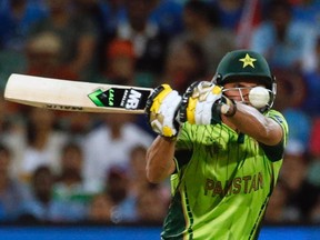 Pakistan's Shahid Afridi takes a swing earlier in the World Cup. (REUTERS)