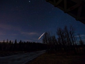 One of four photos of a blazing fireball Calgary photographer Neil Zeller captured with his Canon 5D Mark III near Jumping Pound Road, west of Calgary the night of Monday, February 23, 2015. (Credit: Neil Zeller Photography)