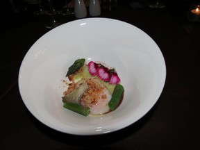 Chorizo-crusted egg and asparagus, oyster-mushroom pate and asparagus puree served during the F.A.W.C.! "Effervescent Affair" dinner at Cellar Door Winery in Taradale, N.Z. IAN ROBERTSON PHOTO