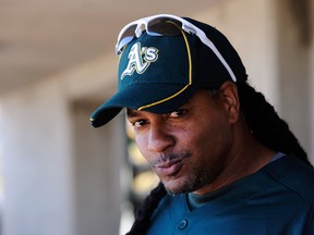 Manny Ramirez of the Oakland Athletics before the start of a spring training baseball game against the Cincinnati Reds at the Phoenix Municipal Stadium on March 10, 2012. (Kevork Djansezian/Getty Images/AFP)