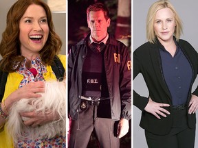 (L-R) Ellie Kemper in "Unbreakable Kimmy Schmidt," Kevin Bacon in "The Following" and Patricia Arquette in "CSI: Cyber."