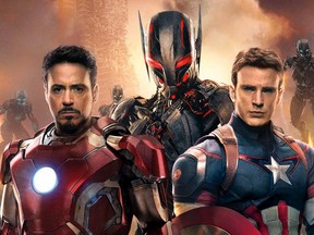 (L to R): Robert Downey Jr as Iron-Man, Ultron, and Chris Evans as Captain America. 

(Courtesy Marvel)