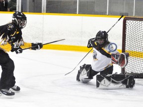 Kaylin Rose (left) of the Mitchell U14AA ringette team backhands this shot over the Guelph goalie’s shoulder during WORL regular season action last Thursday, Feb. 19. ANDY BADER/MITCHELL ADVOCATE