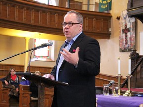 Sarnia-born political writer Paul Wells speaks Tuesday at the Central Forum speakers' series at Sarnia's Central United Church. (PAUL MORDEN/THE OBSERVER/QMI AGENCY)