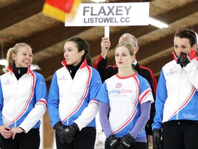 Listowel Curling Club skip Allison Flaxey, third Katie Cottrill, second Lynn Kreviazuk, and lead Morgan Court are pictured after winning the Ontario Scotties in Sault Ste. Marie, Ont. in 2014. MICHAEL PURVIS/QMI AGENCY FILES