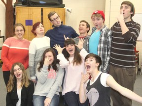 Members of the improv team from Bayridge Secondary School, which took second place in regional improv games on the weeknd, are, front row from left, Ally Seitz, Celeste Lebrun, Alyssa Burrows and Claire O'Connor; top row, from left, Rebecca Strickland, Ashlee Redmond, Adam Vanderlaan, Taylor Adams, C.J. Monsour and Aaron Ramos-Lazette. (Michael Lea/The Whig-Standard)