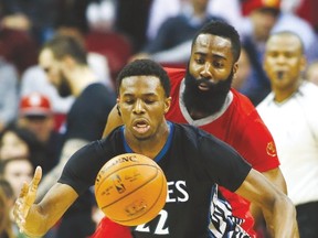 Andrew Wiggins celebrated his 20th birthday by frustrating Rockets’ James Harden on Monday. (AFP)