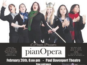 Talisa Blackman, left Jennifer Mitchell, Marie-Michelle Raby, Janelle Scharringa, Samantha Lee and Stephanie Gouin comprise the 6 Pianos Ensemble. The six perform a concert titled PianOpera on Thursday at Western?s Paul Davenport Theatre. (Special to QMI Agency)