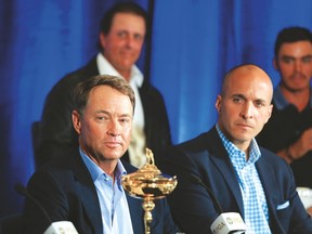 Team USA Ryder Cup captain Davis Love III (left) sits beside PGA of America CEO Pete Bevacqua at a news conference on Tuesday. (AFP)