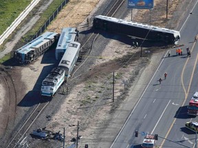 An aerial view shows the scene of a double-decker Metrolink train derailment in Oxnard, California February 24, 2015.   REUTERS/Lucy Nicholson