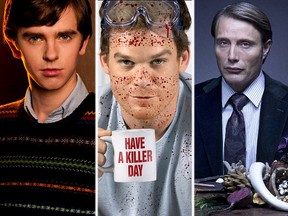 (L-R) Freddie Highmore as Norman Bates in "Bates Motel," Michael C. Hall as Dexter Morgan in "Dexter" and Mads Mikkelsen as Hannibal Lecter in "Hannibal."