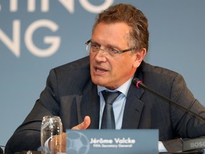 FIFA Secretary General Jerome Valcke speaks during a press conference to defend the football's ruling body's controversial proposal to shift the 2022 World Cup from the normal summer time slot to November/December on February 25, 2015 in Doha. Valcke said that European football clubs would not receive financial compensation for the 2022 World Cup being moved to November-December.    AFP PHOTO / KARIM JAAFAR