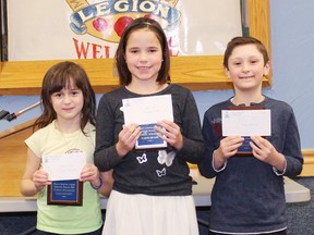 Winners in the Grades 1 to 3 category, from left to right: Ivy Edwards (third place), Audrey Cook (second place) and Kaden Powell (first place).