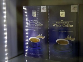 Bird's nest coffee is pictured for sale at an outlet at Kuala Lumpur International Airport 2, outside Kuala Lumpur, February 18, 2015. REUTERS/Olivia Harris