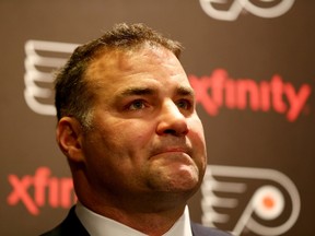 Former Philadelphia Flyers player Eric Lindros answers questions during a press conference before the game between the Philadelphia Flyers and the Minnesota Wild on November 20, 2014 at the Wells Fargo Center in Philadelphia, Pennsylvania. Elsa/Getty Images/AFP