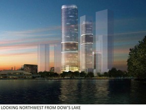 An architect's rendering of a three-tower complex, topping out at 55 storeys, at the corner of Carling and Preston. Developer Richcraft got approval from the city on Wednesday to build the towers. (Submitted image)
