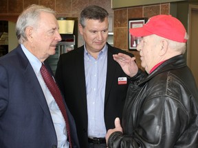 Canada's former Prime Minister Paul Martin visited a Kincardine Tim Hortons with Huron-Bruce Liberal candidate Allan Thompson on February 25, 2015, to endorse his 2015 federal election campaign. Martin and Thompson are seen taking with local man, Jack Crozier. (TROY PATTERSON/KINCARDINE NEWS)