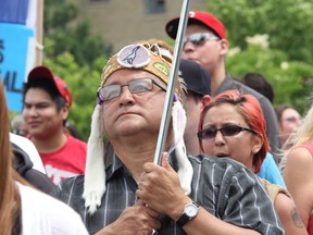 Patrick Madahbee, grand council chief of the Union of Ontario Indians, takes part in a 
June 2012 rally in Sudbury to protest provincial job cuts.
QMI AGENCY FILE PHOTO