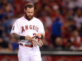 Los Angeles Angels outfielder Josh Hamilton (32) reacts after grounding into a double play against the Kansas City Royals in Game 2 of the 2014 ALDS at Angel Stadium in Anaheim. (Robert Hanashiro/USA TODAY Sports)