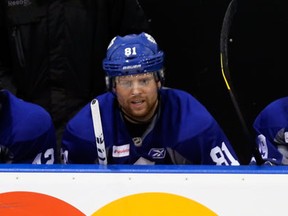 Toronto Maple Leafs top line of Tyler Bozak, Phil Kessel and Joffrey Lupul on the bench during a practice in January 2013. (Jack Boland/Toronto Sun/QMI Agency)