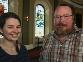 Kingston filmmakers Leigh Ann Bellamy, left, and Brent Nurse, at Memorial Hall at City Hall, will have their first feature films screened at the Kingston Canadian Film Festival on Saturday. Bellamy’s movie is Fault and Nurse’s is The Stronghold. (Julia McKay/The Whig-Standard)