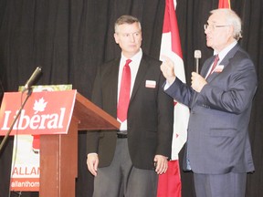 Huron-Bruce federal Liberal candidate Allan Thompson stands with former Prime Minister Paul Martin during an event held at the Goderich Legion on Wednesday evening. Martin had joined Thompson earlier in the day during campaign stops in Kincardine and Port Elgin. (Dave Flaherty/Goderich Signal Star)