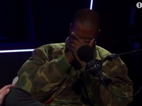 Kanye West weeps during his Radio 1 interview (Screen shot)