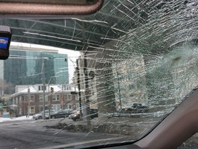 A picture taken inside Huma Siddiqi's car after she says it was hit by a piece of concrete that fell from the Gardiner on Feb. 25, 2015.