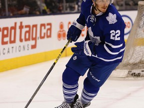 New Maple Leaf Zach Sill takes part in the pregame warmup before the Toronto Maple Leafs faced the Philadelphia Flyers on Feb. 26, 2015. (JACK BOLAND/Toronto Sun)