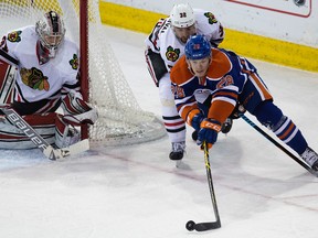 Matt Fraser, shown here in action in January, played in the Oilers win against Minnesota Tuesday but spent most of the third period on the bench. (David Bloom, Edmonton Sun)