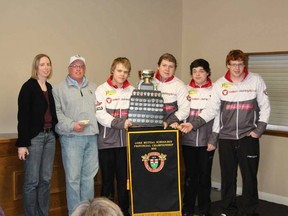 The Central Huron Secondary School boys curling team after winning the 2015 Gore Provincial title in Woodstock in Feb. (Barry Vincent/Facebook)