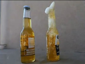 Bottles of beer freeze over in frigid temperatures.