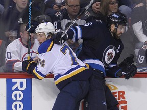Jets captain Andrew Ladd led the hit parade Thursday night with 10 but all of the Jets played a very physical style against the Blues.