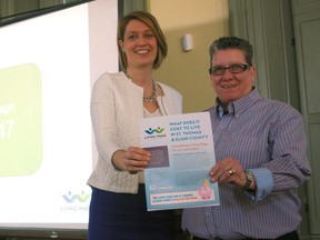 Project lead Lindsay Rice, left, and Deirdre Pike, senior social planner for the Social Planning and Research Council of Hamilton, hold a copy of St. Thomas and Elgin's first living wage calculation report. The study pegs a living hourly wage in St. Thomas and Elgin at $16.47. (Ben Forrest, Times-Journal)