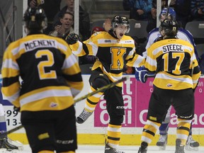 Kingston Frontenacs forward Spencer Watson (96) celebrates after scoring the second goal of the game against the Sudbury Wolves during the first period of Ontario Hockey League action at the Rogers K-Rock Centre on Friday night. (Julia McKay/The Whig-Standard)