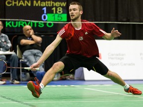 Badminton player Owen Kurvits, a former Greater Sudburian, competes in men's singles for Redeemer University College last season. Kurvits won gold for the second straight year at OCAA championships last week and was named male player of the year. OCAA photo