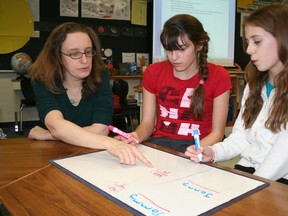 Grade 6 teacher Kim O'Hearn gives some extra teaching time to students Faith Kattis, left, and Jenny Grohmann, both age 11 at Miller's Grove P.S. (Terry Davidson/Toronto Sun)