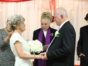 Christine and Wayne Thompson, already married for 20 years, exchanged vows once again on Feb. 28, 2015, as part of Christine's dying wish to be married in a wedding gown. She was diagnosed with terminal lung and bone cancer in 2013. The couple's first wedding was a small affair at Peterborough city hall. (Maryam Shah/Toronto Sun)