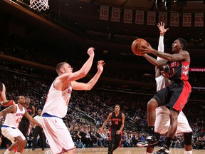Louis Williams of the Raptors goes up for a shots against the Knicks in New York last night. (AFP)
