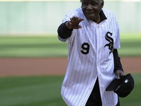 Former Chicago White Sox player Minnie Minoso throws out the first pitch before the game between the Chicago White Sox and the Tampa Bay Rays at U.S. Cellular Field in Chicago, Ill., on April 26, 2014. (David Banks/Getty Images/AFP)