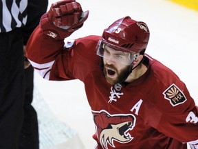 Phoenix Coyotes defenceman Keith Yandle (3) celebrates his 2nd period goal against the Los Angeles Kings during Game 5 of the NHL Western Conference hockey finals in Glendale, Arizona, May 22, 2012. (REUTERS)