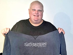 Rob Ford is pictured with a sweat shirt which appears to be the one he wore in a notorious photo.