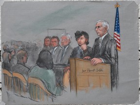 Accused Boston Marathon bomber Dzhokhar Tsarnaev (2nd R) is shown in a courtroom sketch next to Judge George O'Toole (R) on the first day of jury selection at the federal courthouse in Boston, Massachusetts January 5, 2015.     REUTERS/Jane Flavell Collins